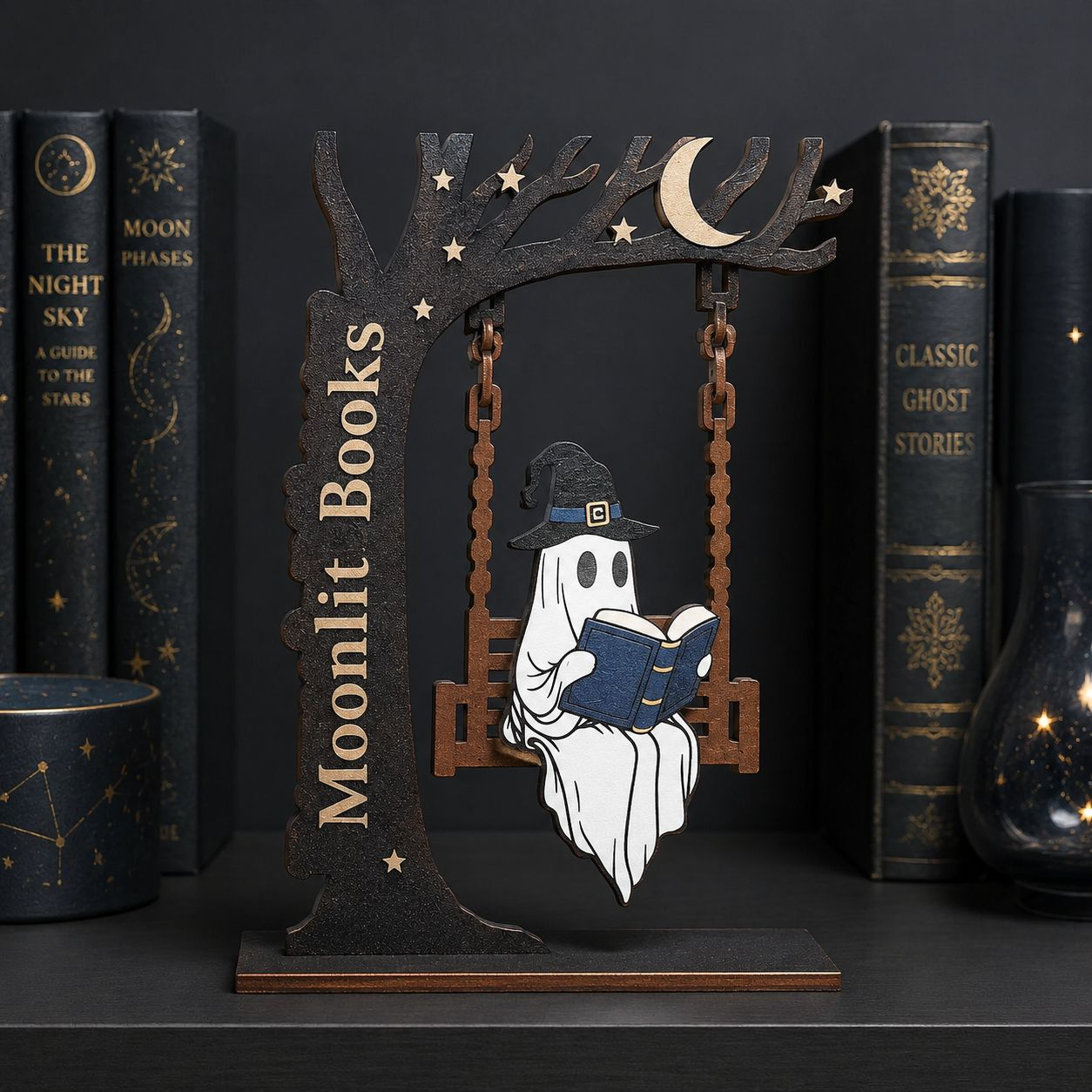 Last day low price sale! Limited stock 🎃💀Wooden Reading Ghost Swing Bookshelf Decor👻📚
