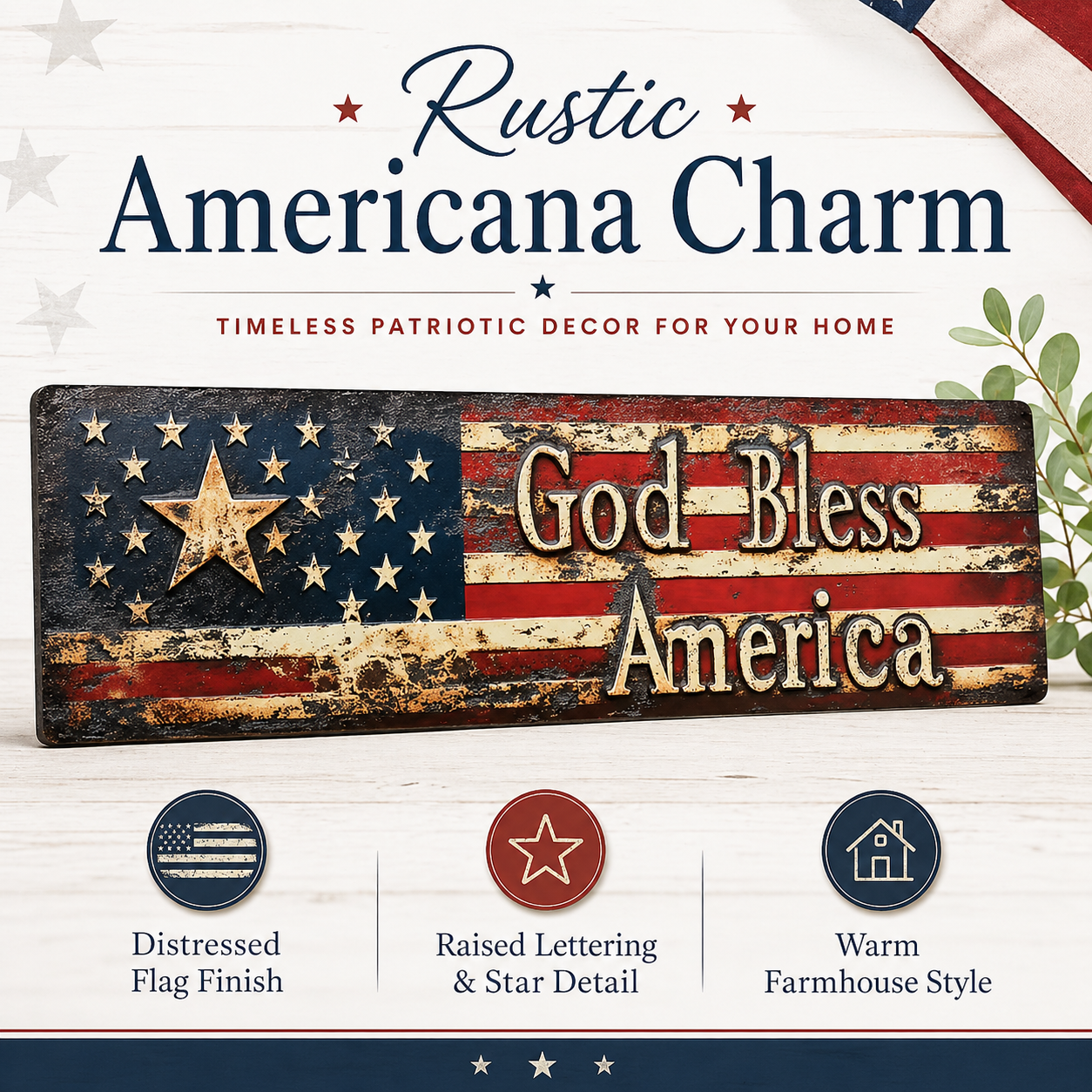 ⭐ Vintage Americana Flag Wall Plaque 🔥 Best Seller- “God Bless America” Patriotic Wall Sign