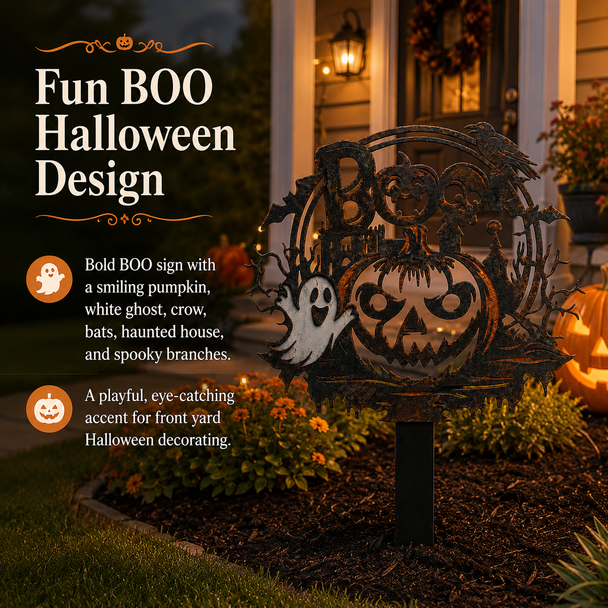 🦇 Spooky Cute BOO Halloween Metal Garden Stake Vintage Distressed Pumpkin Ghost Yard Sign