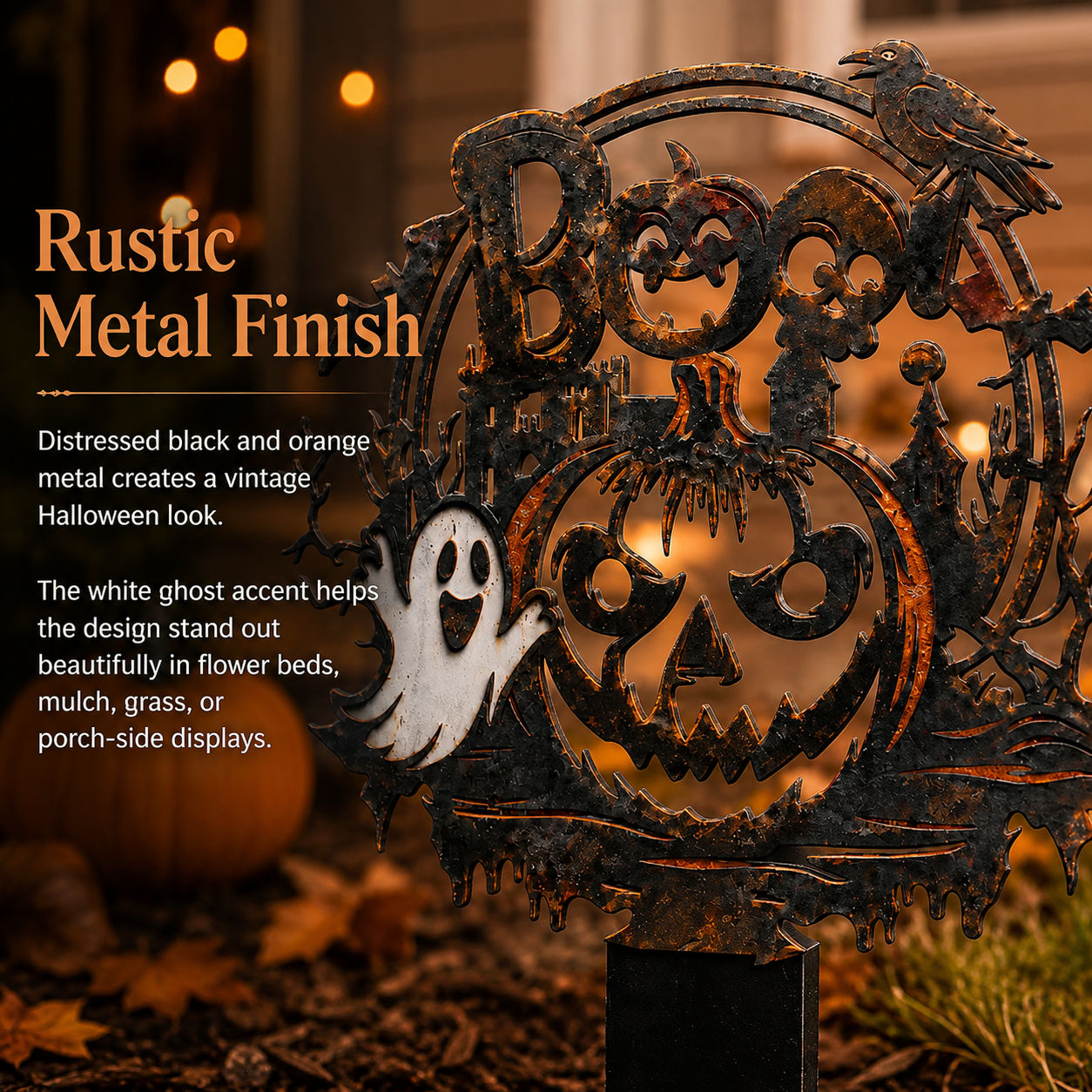 🦇 Spooky Cute BOO Halloween Metal Garden Stake Vintage Distressed Pumpkin Ghost Yard Sign