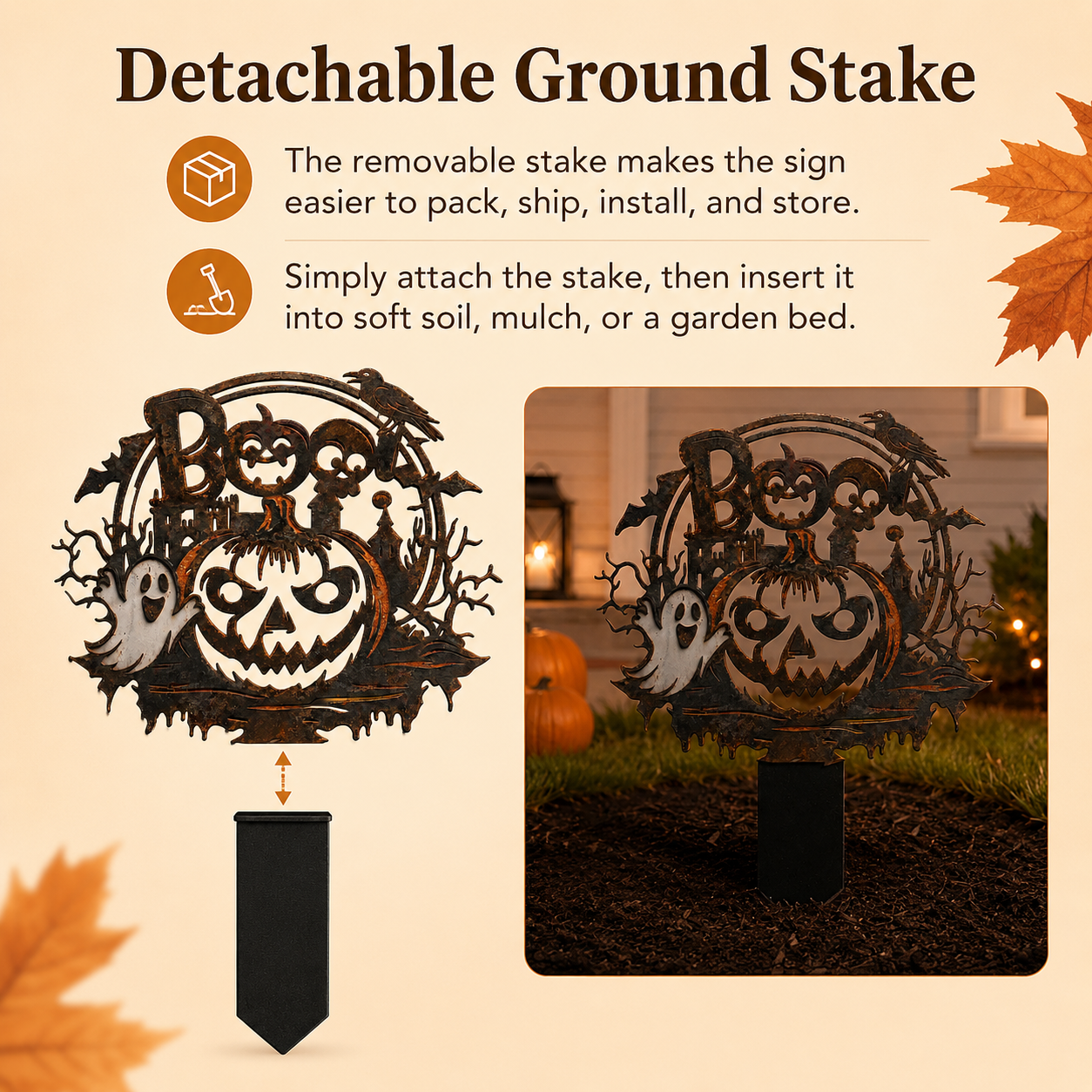 🦇 Spooky Cute BOO Halloween Metal Garden Stake Vintage Distressed Pumpkin Ghost Yard Sign