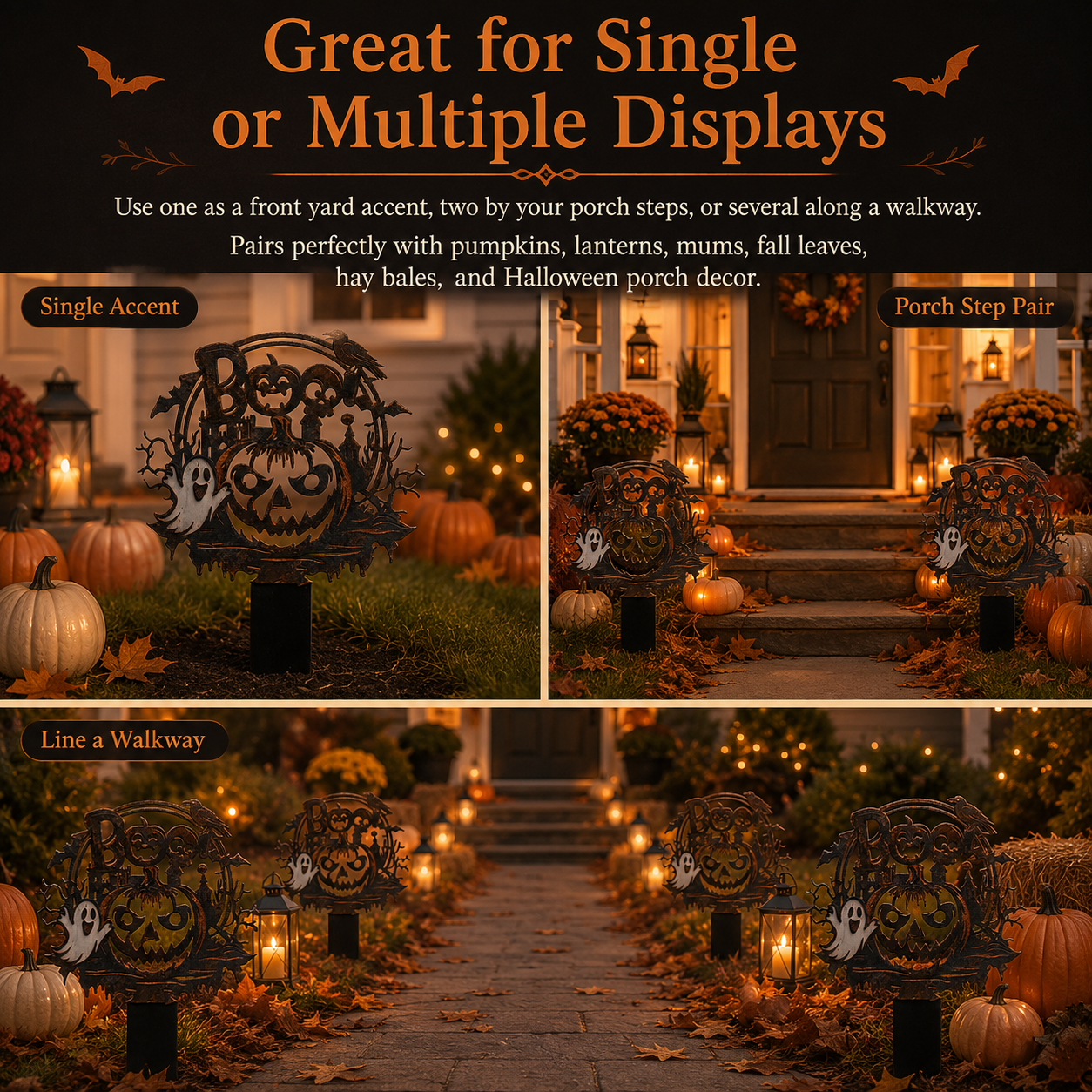 🦇 Spooky Cute BOO Halloween Metal Garden Stake Vintage Distressed Pumpkin Ghost Yard Sign