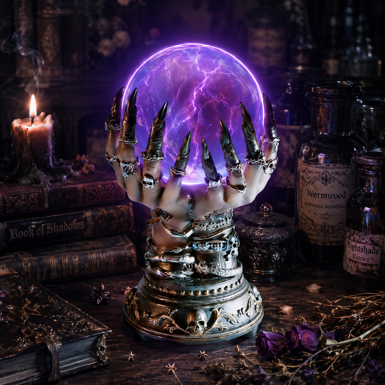 🧟 Your Touch Summons Purple Magic Lightning – Skull Witch Hand Plasma Globe Lamp
