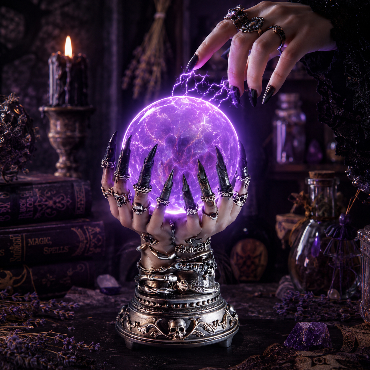🧟 Your Touch Summons Purple Magic Lightning – Skull Witch Hand Plasma Globe Lamp