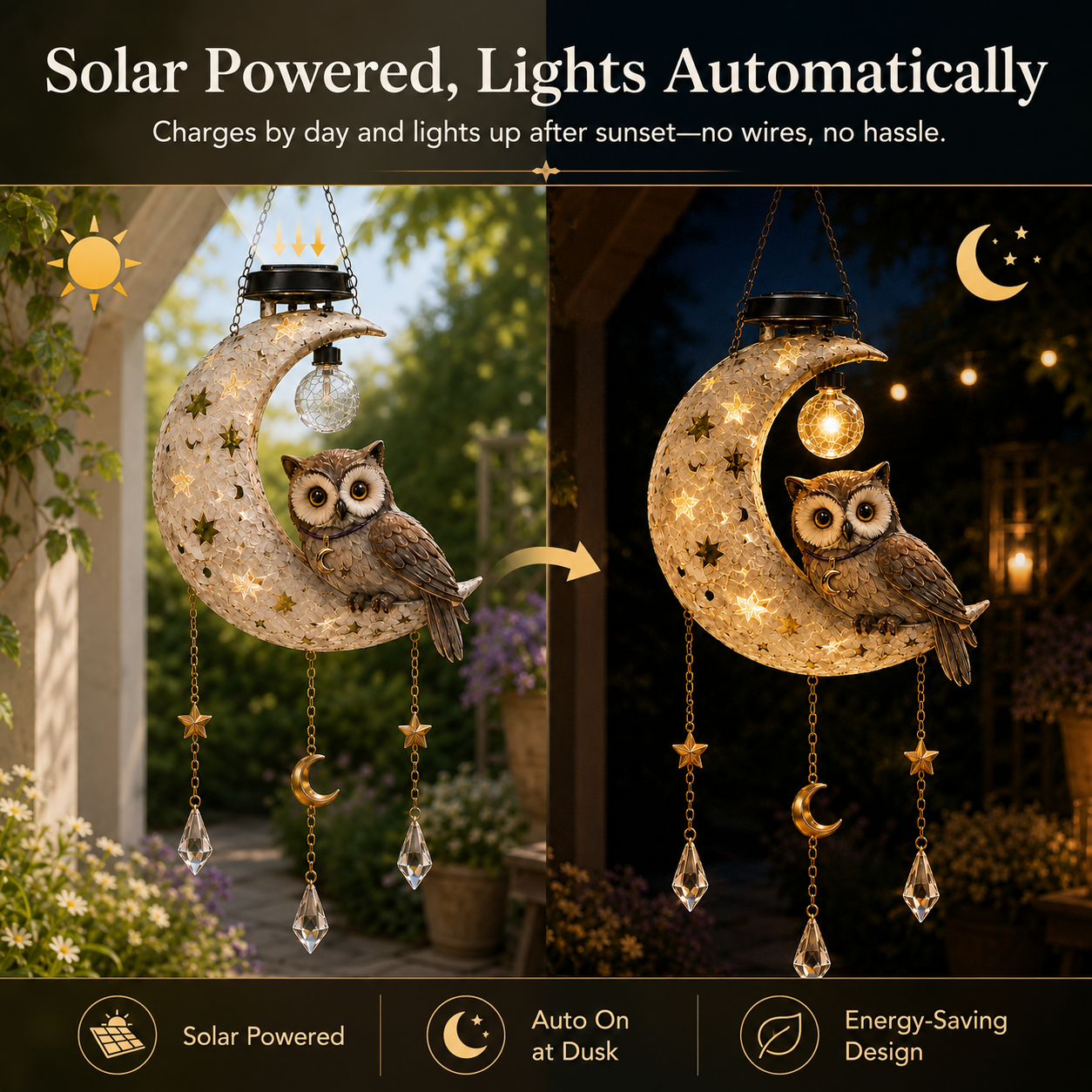 🌙 Limited-Time Sale 🔥 Solar Owl Moon Garden Light – Auto-Glowing Hanging Décor for Patio & Garden