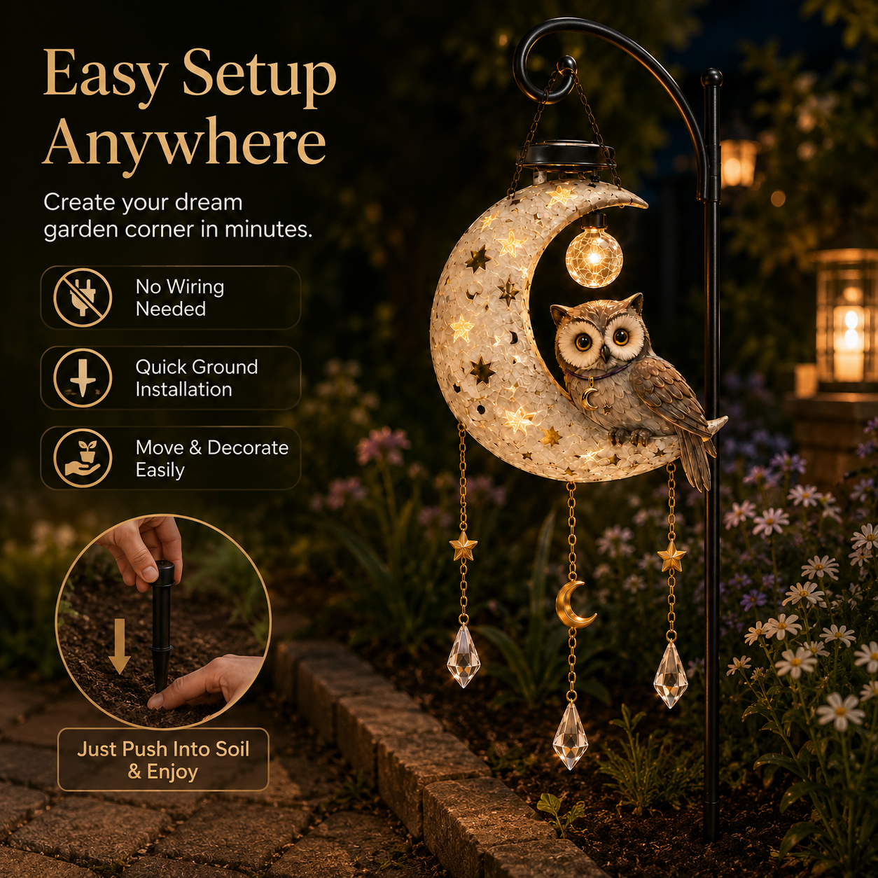 🌙 Limited-Time Sale 🔥 Solar Owl Moon Garden Light – Auto-Glowing Hanging Décor for Patio & Garden