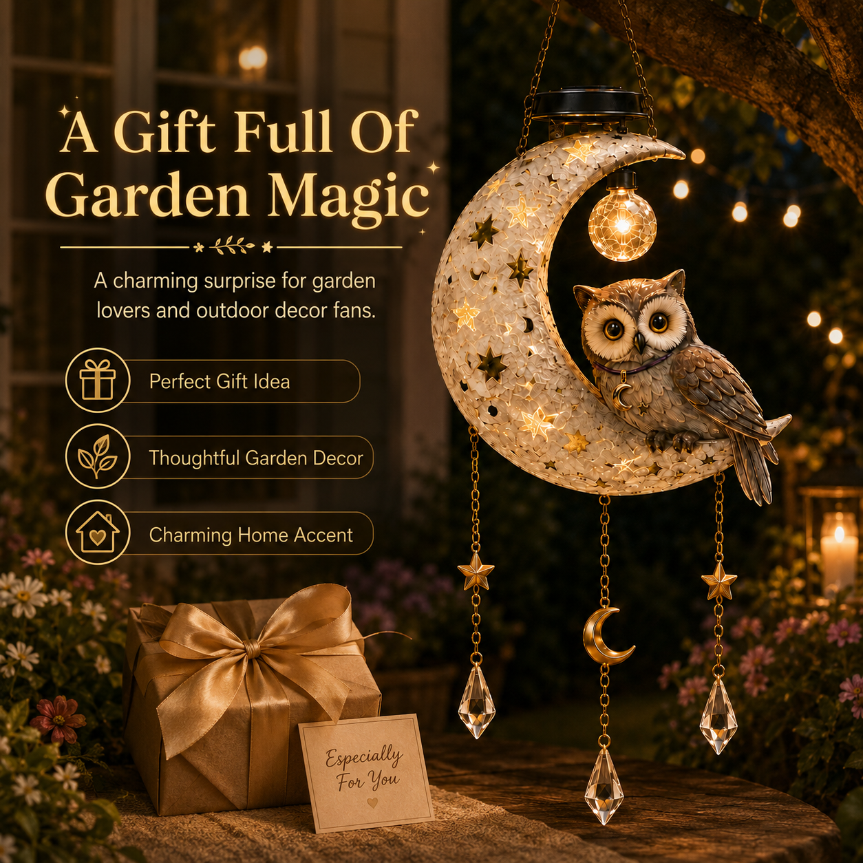 🌙 Limited-Time Sale 🔥 Solar Owl Moon Garden Light – Auto-Glowing Hanging Décor for Patio & Garden