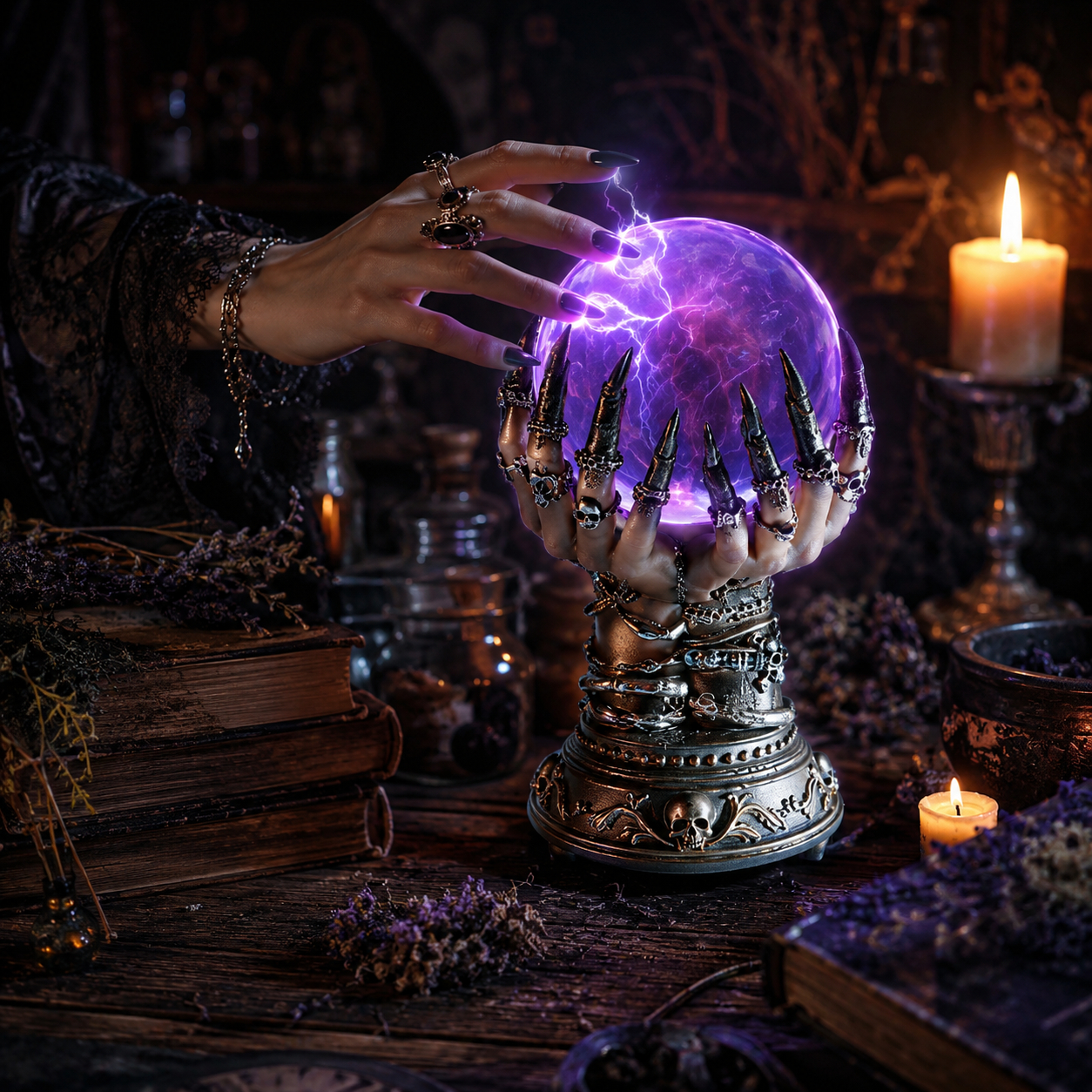 🧟 Your Touch Summons Purple Magic Lightning – Skull Witch Hand Plasma Globe Lamp