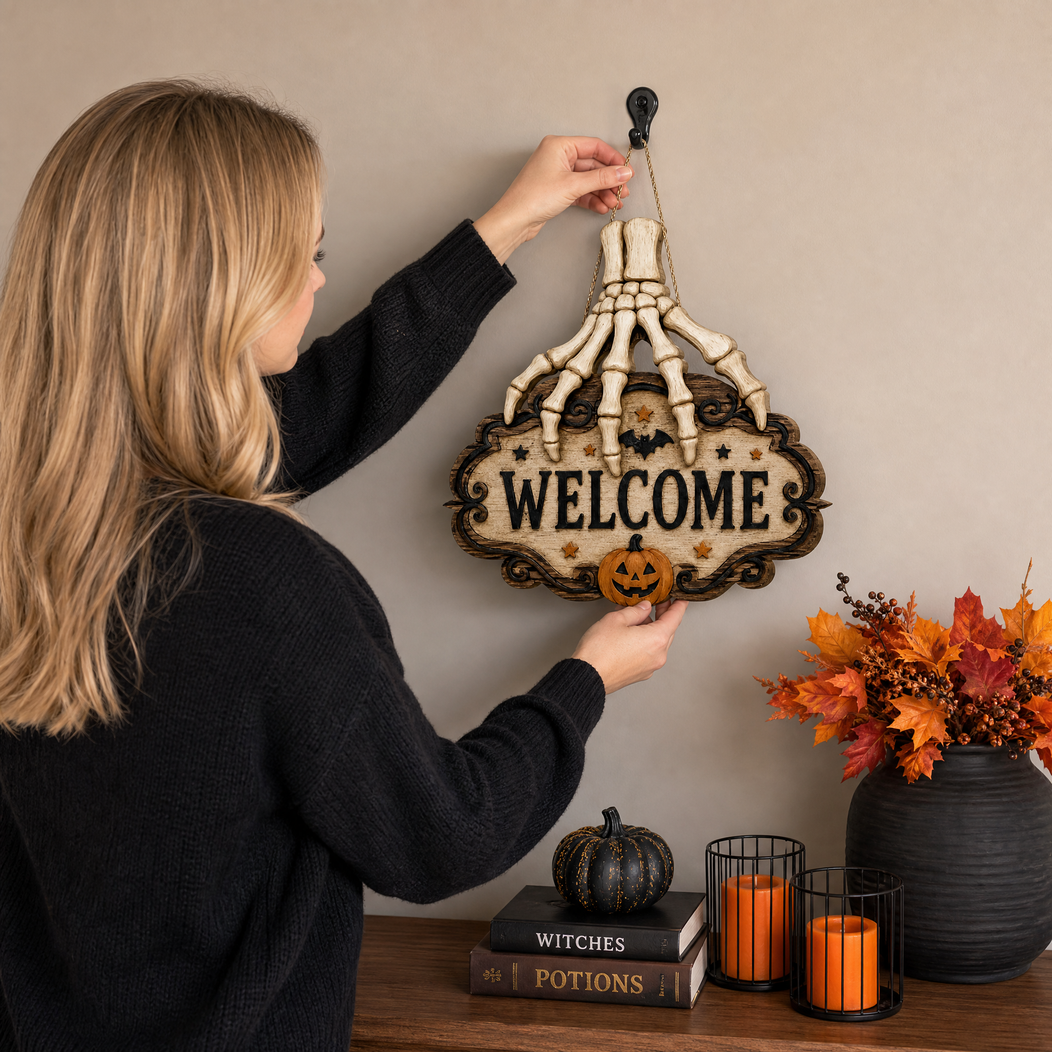 🔥Halloween Skeleton Hand Welcome Hanging Sign