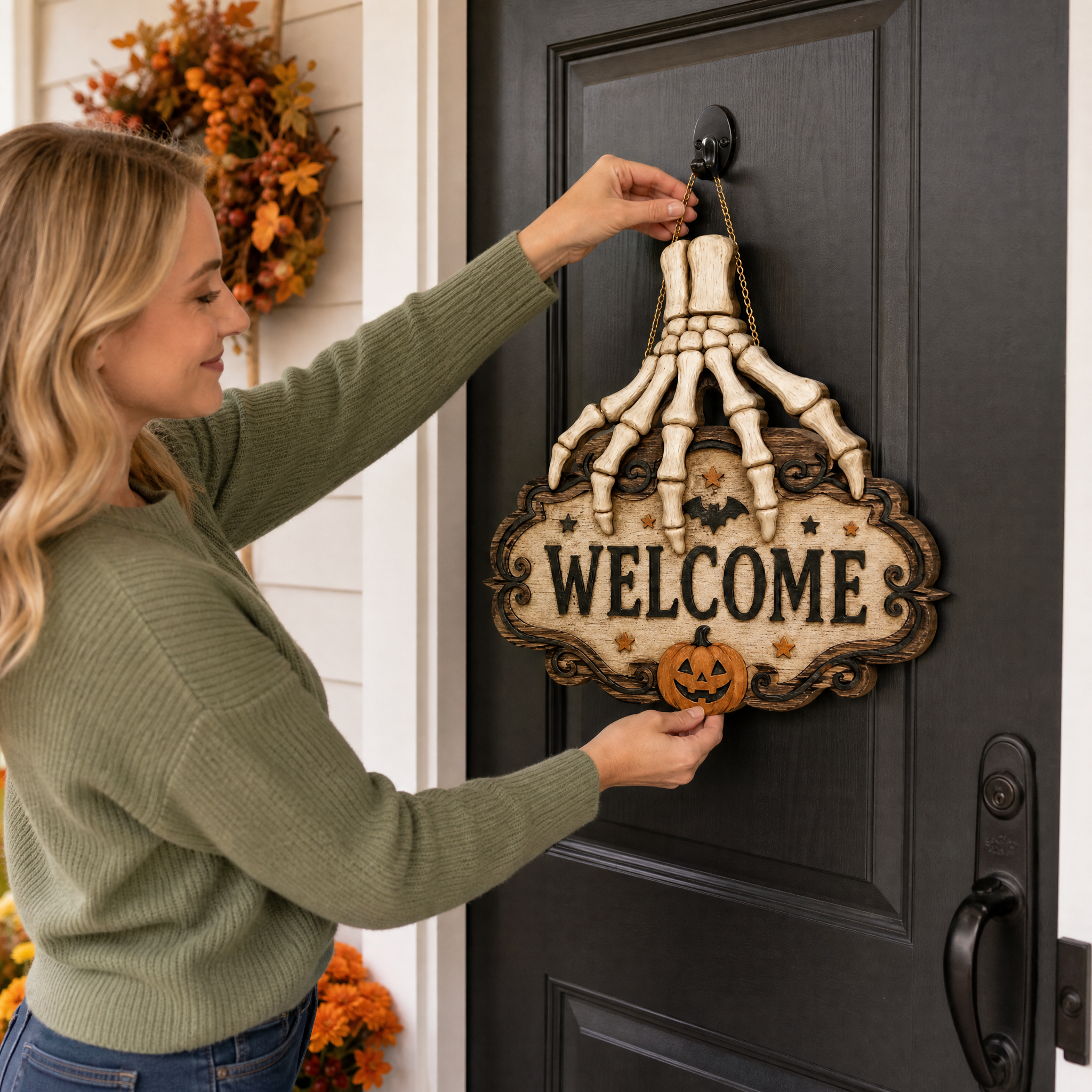 🔥Halloween Skeleton Hand Welcome Hanging Sign