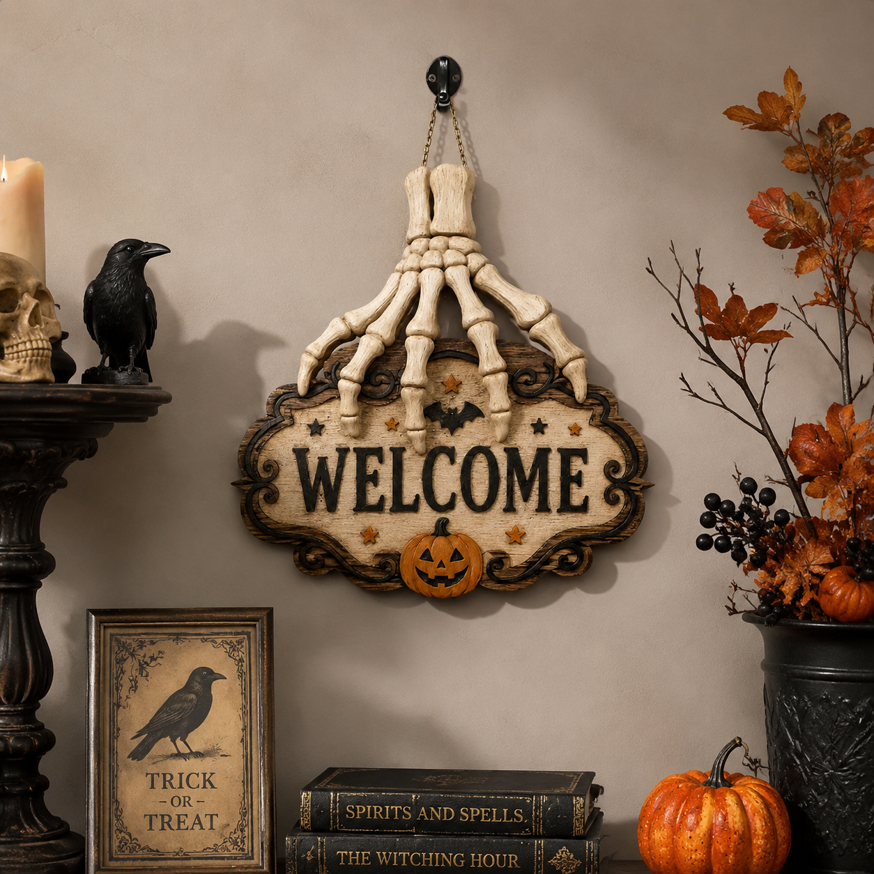 🔥Halloween Skeleton Hand Welcome Hanging Sign