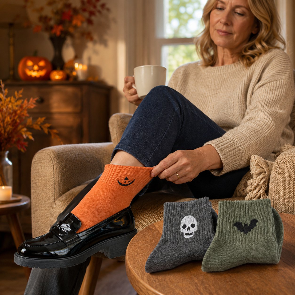 Close-up views of the Halloween sock embroidery and knit texture