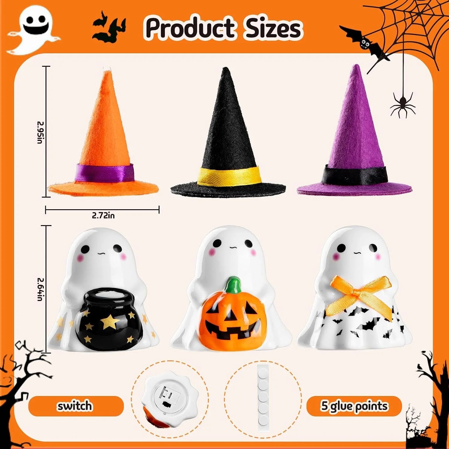 👻3Pcs Light-up Ceramic Ghost Halloween Decor🌟 Cute Ghost Figurines with Colorful Witch Hats