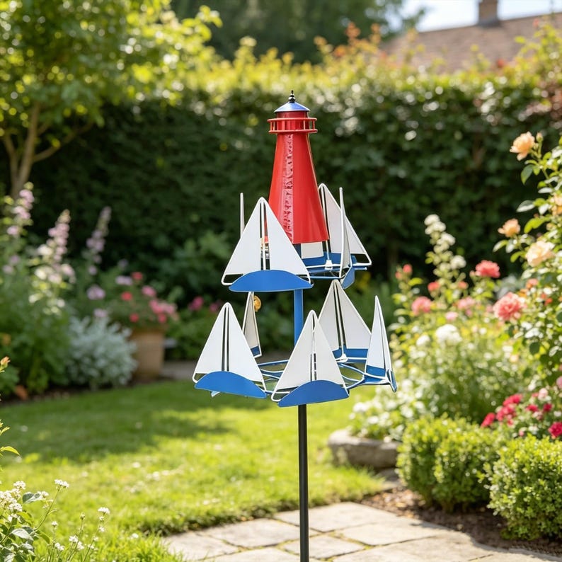 🌊Spinning Sailboat Lighthouse Metal Wind Spinner | Bring Ocean Breeze To Your Garden Yard⛵