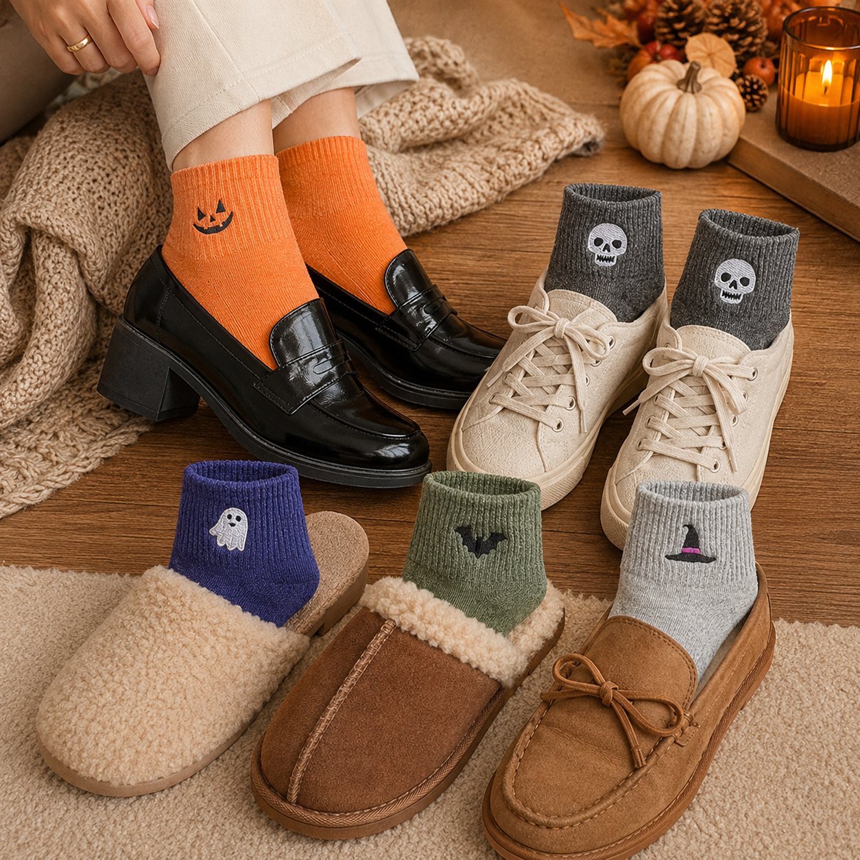 Woman wearing orange Halloween socks with black loafers