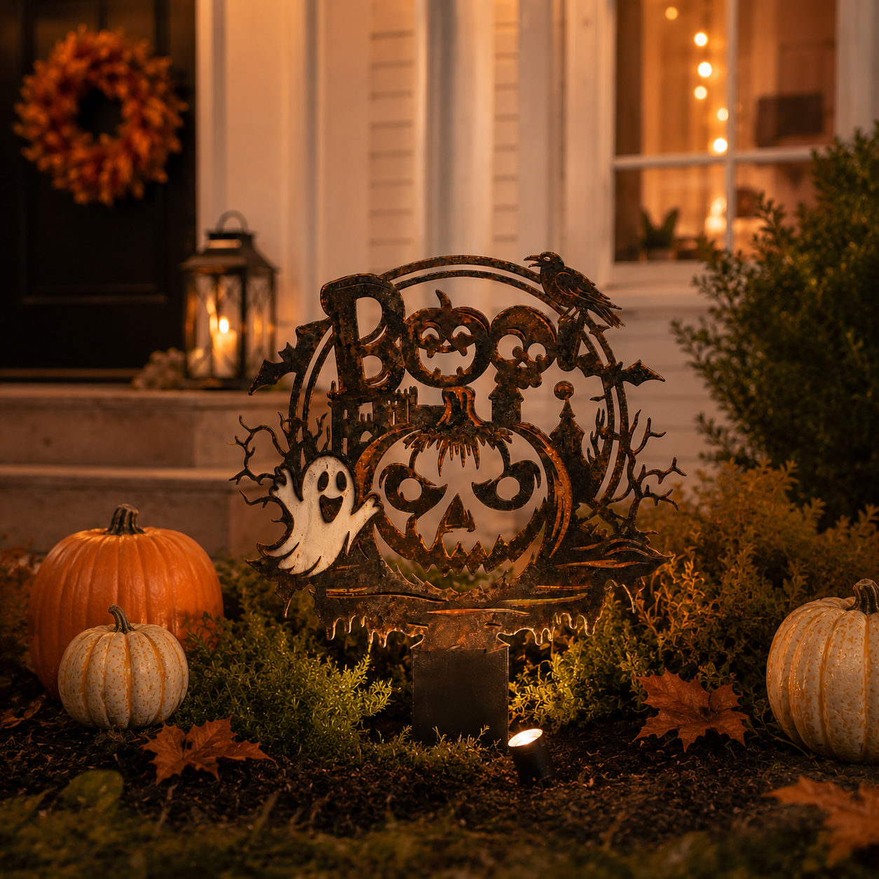 🦇 Spooky Cute BOO Halloween Metal Garden Stake Vintage Distressed Pumpkin Ghost Yard Sign