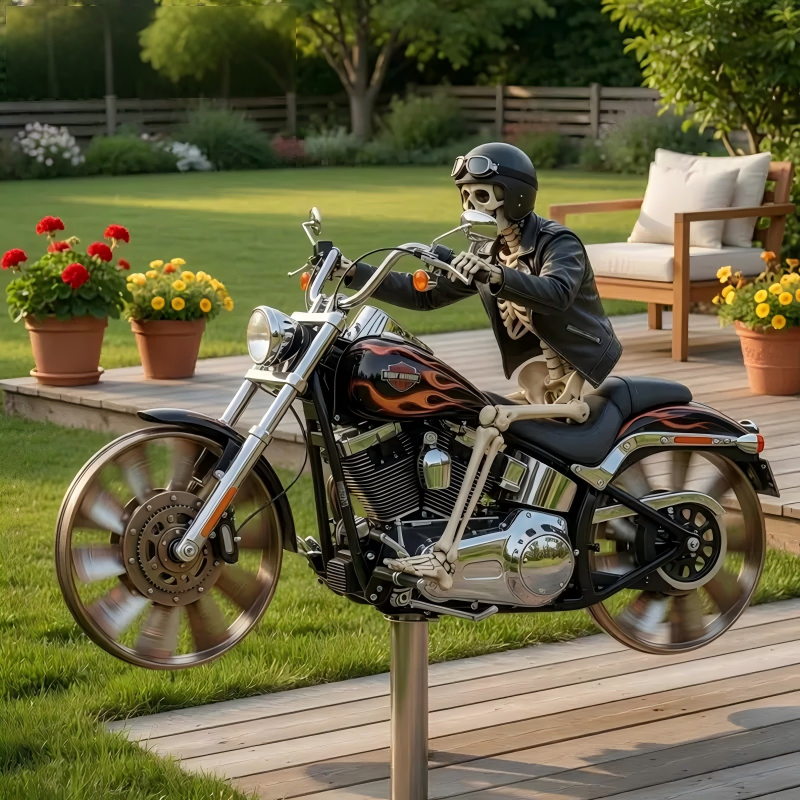 🏍️💀 Skull Rider Motorcycle Garden Wind Spinner Outdoor Metal Decor