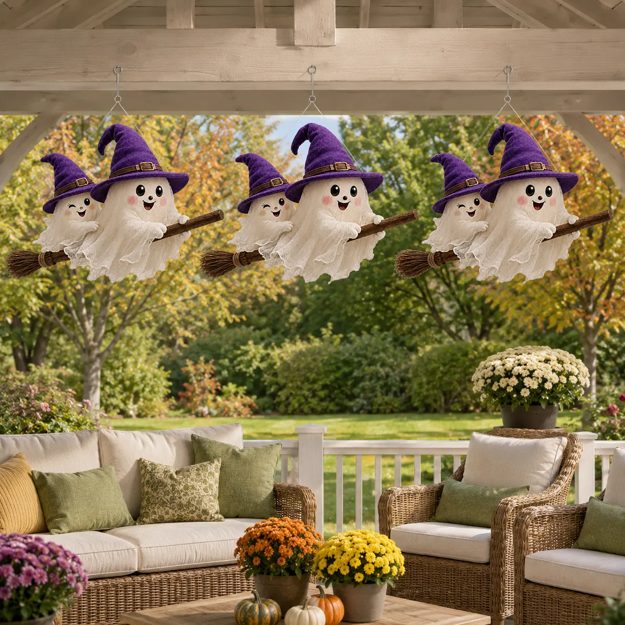👻Flying Ghost Duo On Witch Broom Lighted Halloween Hanging Decor
