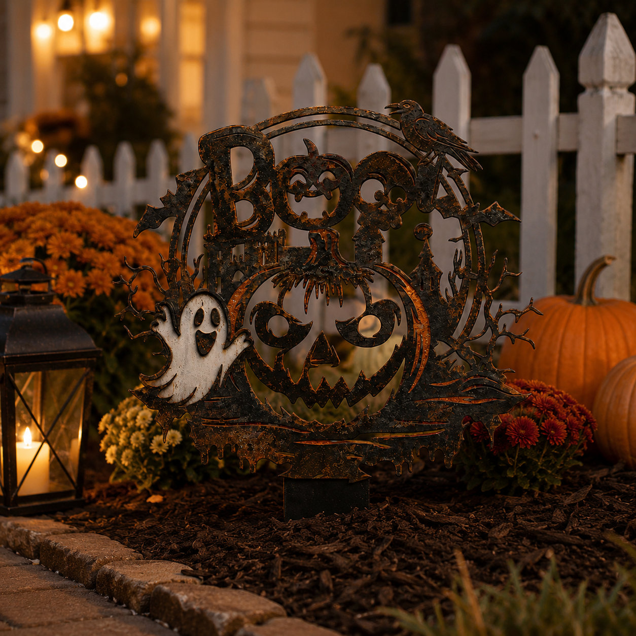 🦇 Spooky Cute BOO Halloween Metal Garden Stake Vintage Distressed Pumpkin Ghost Yard Sign
