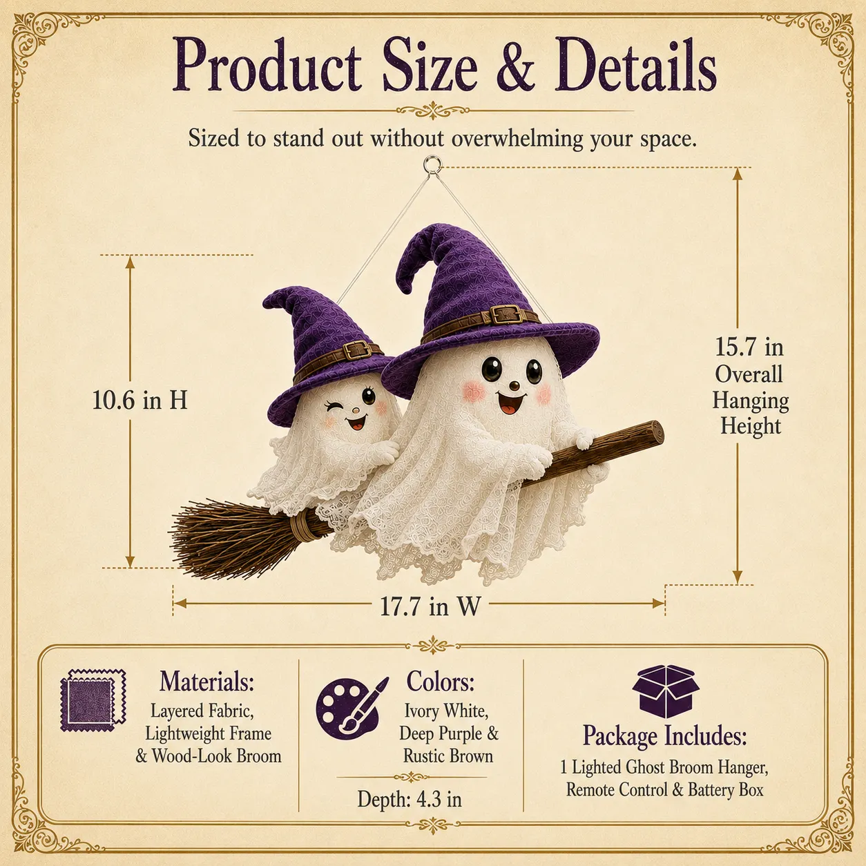 👻Flying Ghost Duo On Witch Broom Lighted Halloween Hanging Decor
