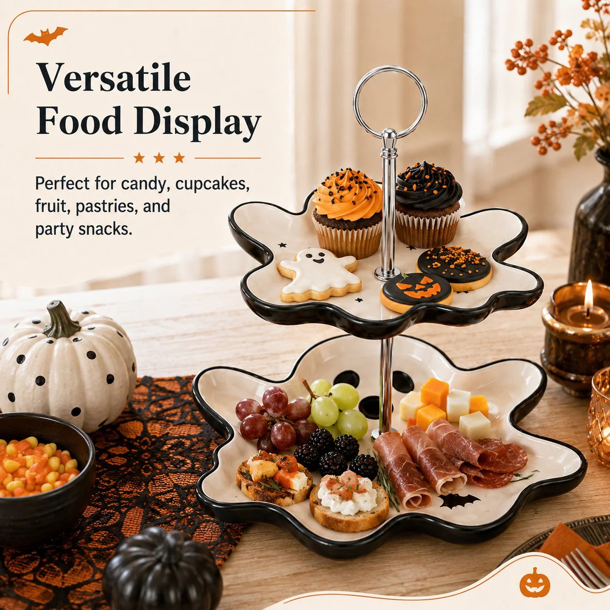 👻 Two-Tier Friendly Ghost Halloween Serving Stand Spooky Candy Cupcake Dessert Tray Table Centerpiece