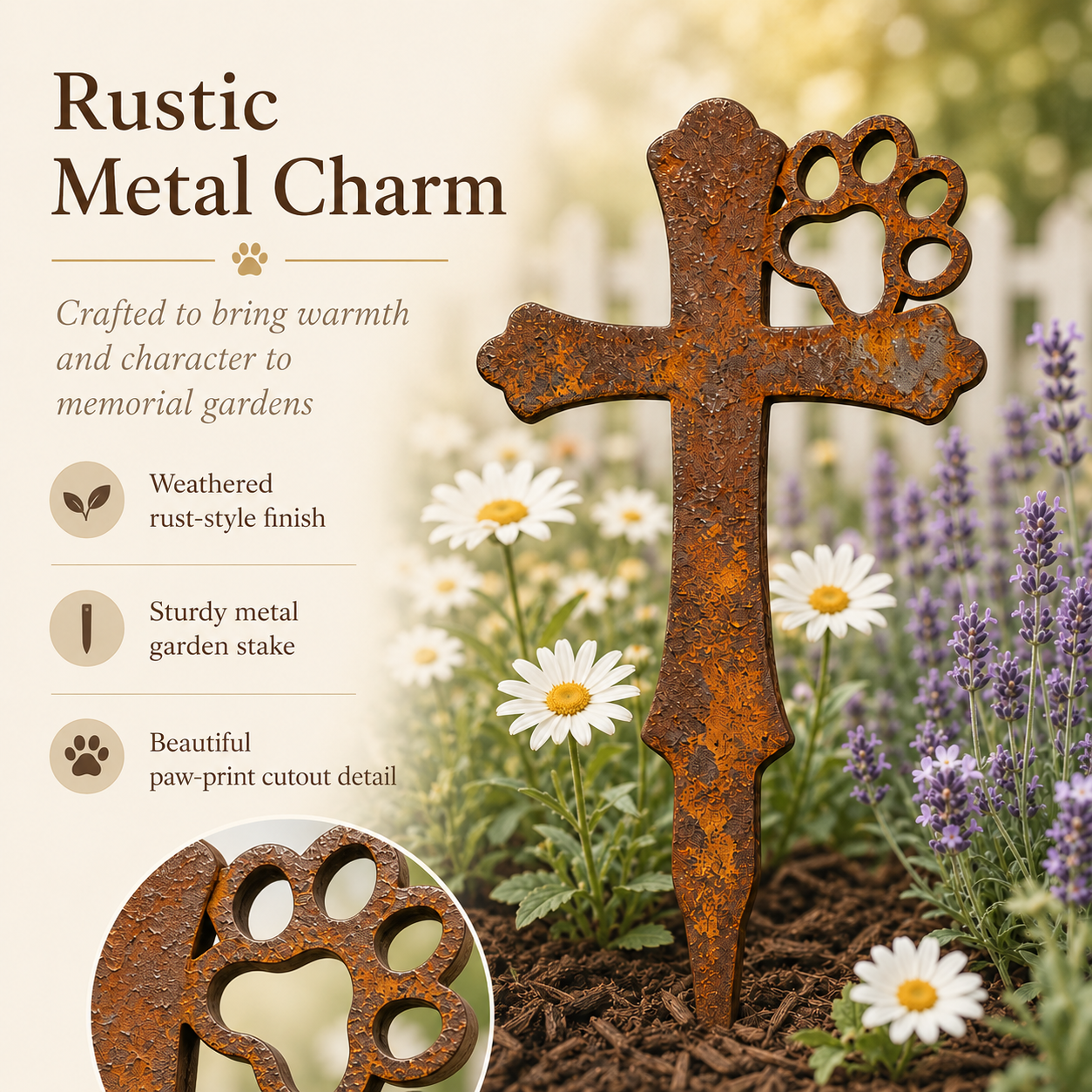 🐾Rustic Metal Pet Memorial Garden Stake with Paw Print Cross