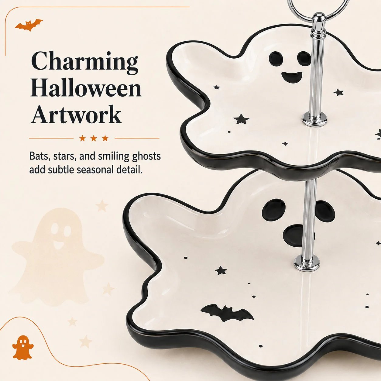 👻 Two-Tier Friendly Ghost Halloween Serving Stand Spooky Candy Cupcake Dessert Tray Table Centerpiece