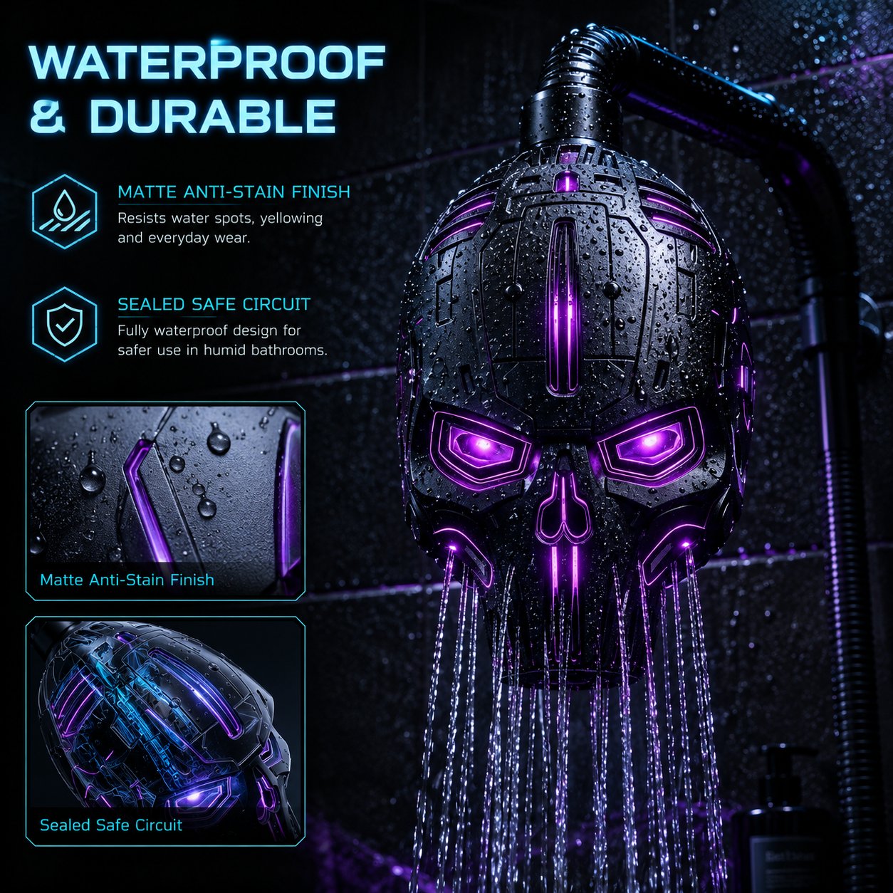 🔥Cyber Mecha Skull Color Changing LED Pressure Boost Shower Head