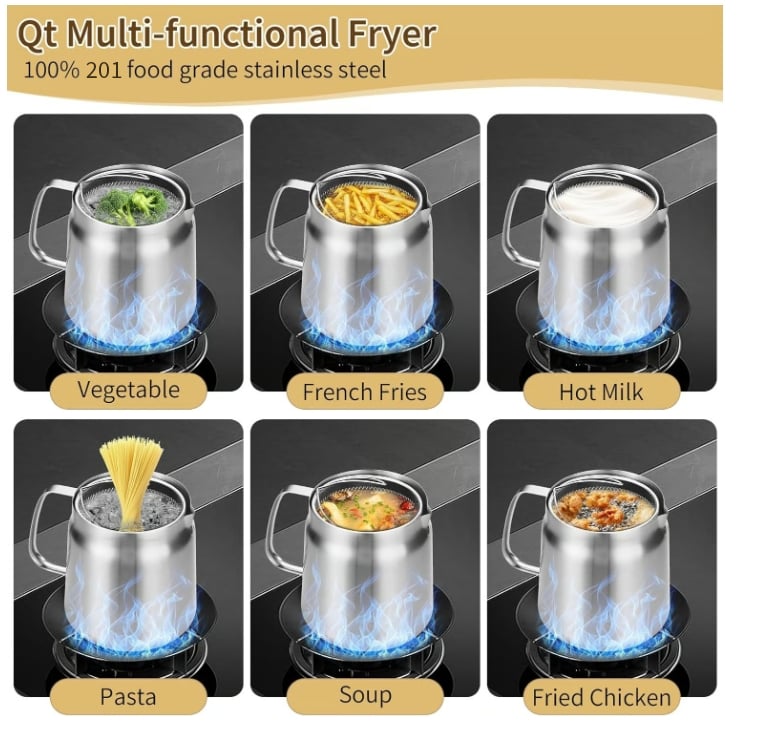 🍳 4-in-1 Stainless Steel Deep Fryer Pot 🛢️ Oil Filter Pot with Removable Strainer, Multi-Function Cookware for All Stoves