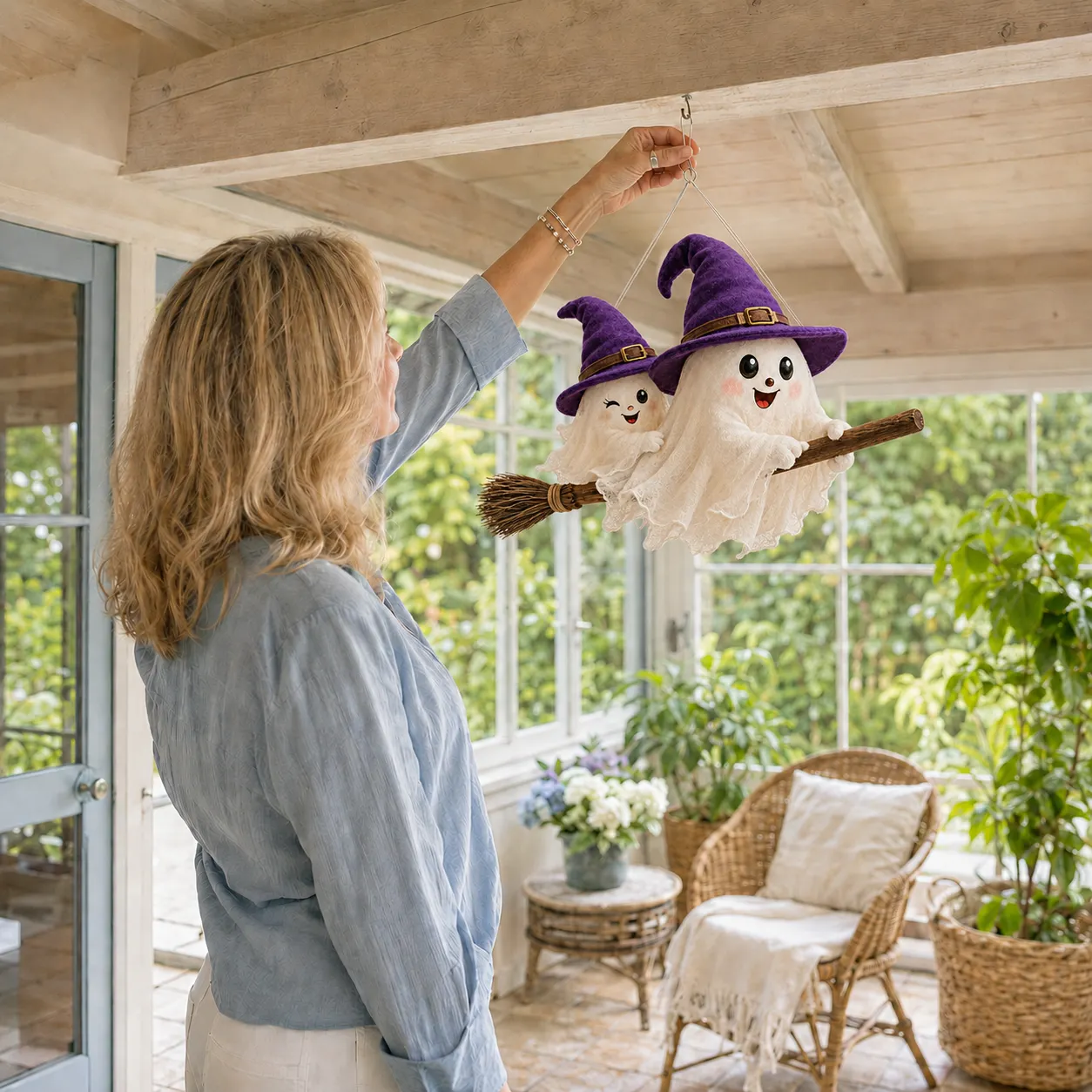 👻Flying Ghost Duo On Witch Broom Lighted Halloween Hanging Decor