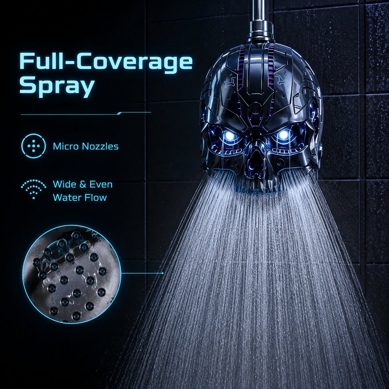 🔥Cyber Mecha Skull Color Changing LED Pressure Boost Shower Head