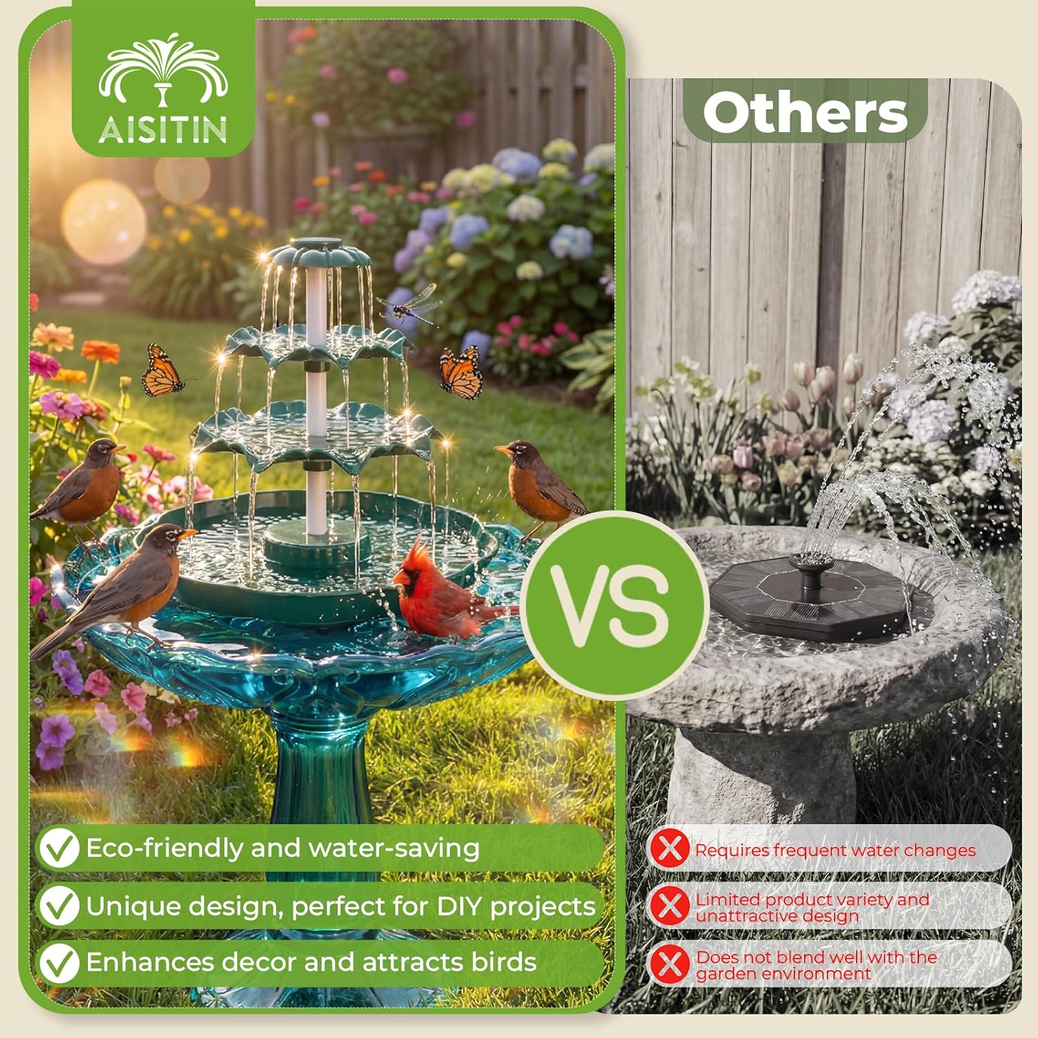 🌿 3-Tier Solar Lotus Bird Bath Fountain DIY Garden Water Feature For Wild Bird Bath & Feeder