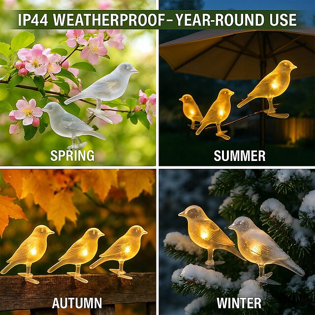 Outdoor Solar 5-Lights Bird String Lights with Clips, IP44 Waterproof Wall & Fence Decor, Garden, Patio, Backyard, Villa, and Landscape Lighting