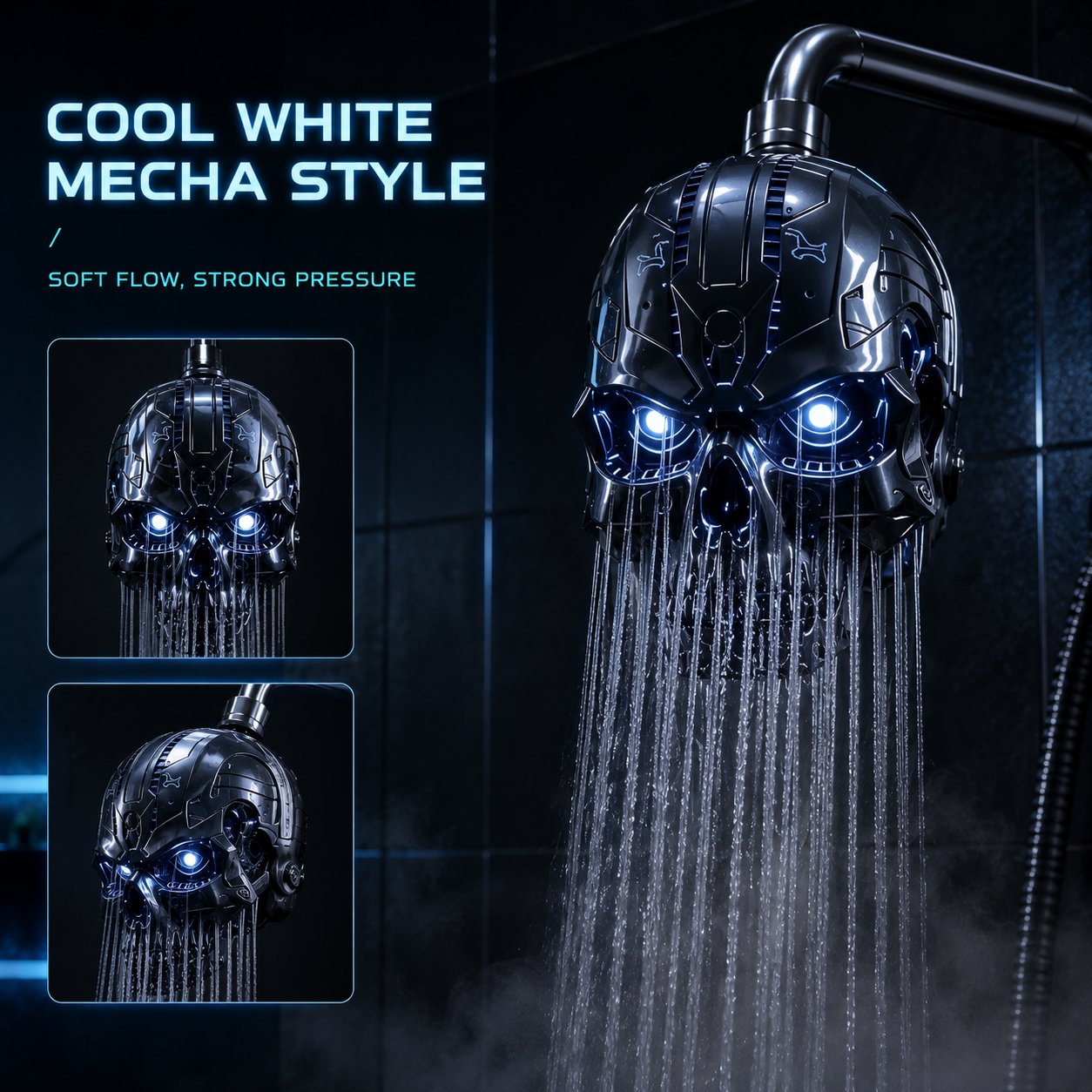 🔥Cyber Mecha Skull Color Changing LED Pressure Boost Shower Head