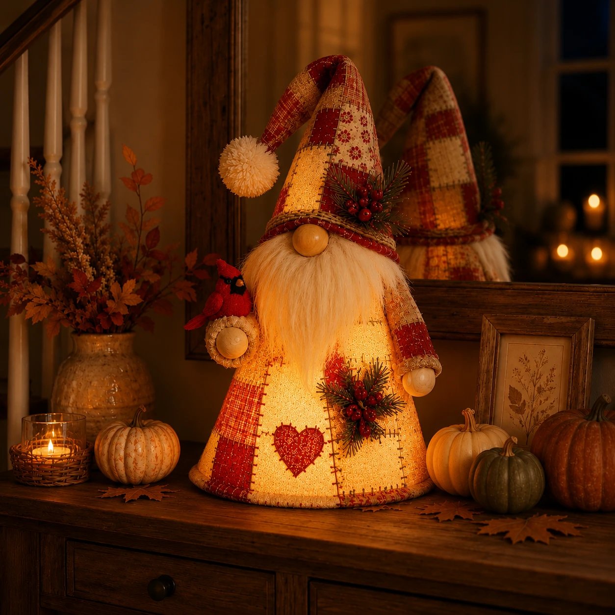 🔥 LAST DAY 49% OFF – 🐦 Patchwork Bird Gnome 💛 Lighted Farmhouse Tabletop Decor