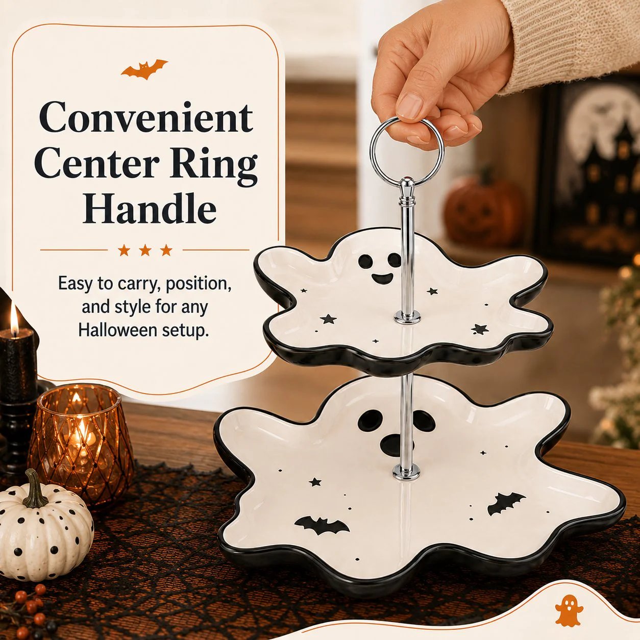 👻 Two-Tier Friendly Ghost Halloween Serving Stand Spooky Candy Cupcake Dessert Tray Table Centerpiece