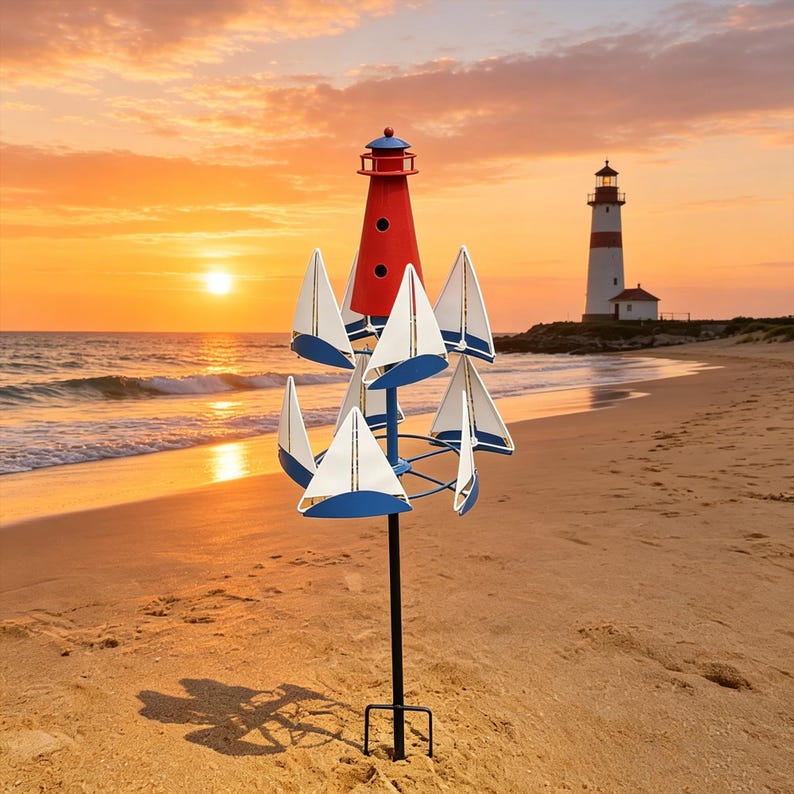 🌊Spinning Sailboat Lighthouse Metal Wind Spinner | Bring Ocean Breeze To Your Garden Yard⛵