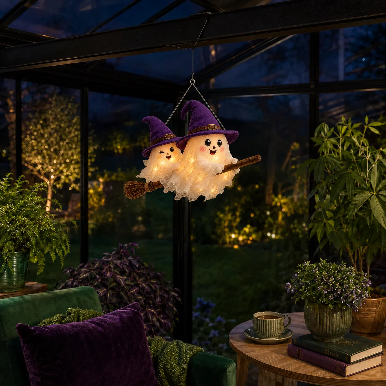 👻Flying Ghost Duo On Witch Broom Lighted Halloween Hanging Decor