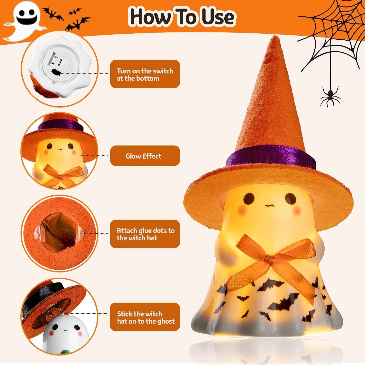 👻3Pcs Light-up Ceramic Ghost Halloween Decor🌟 Cute Ghost Figurines with Colorful Witch Hats