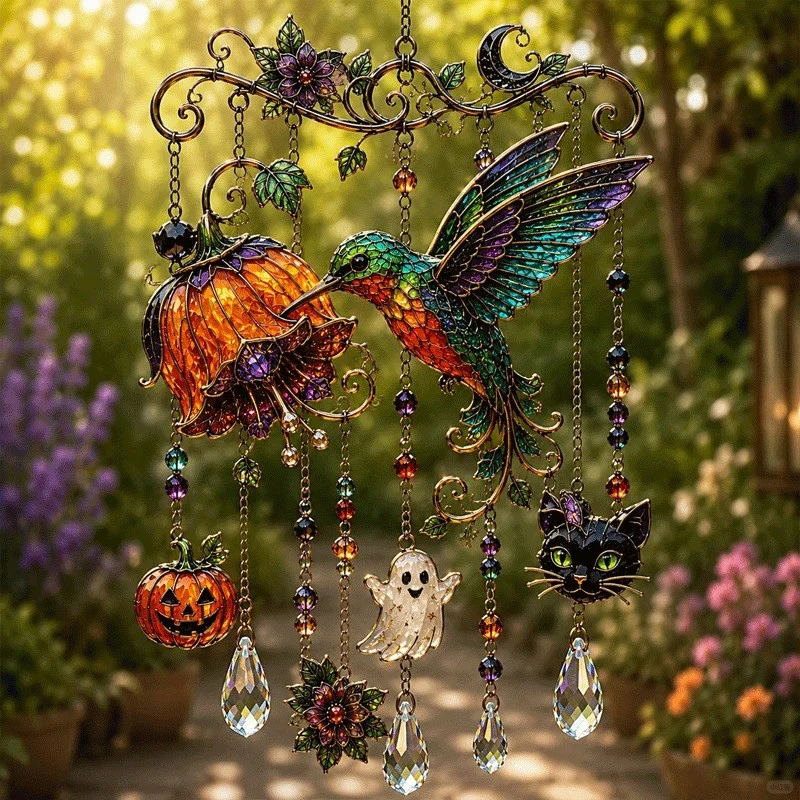 🎃 Halloween Stained Glass Suncatcher Wind Chime | Gothic Spooky Window & Garden Hanging Decor