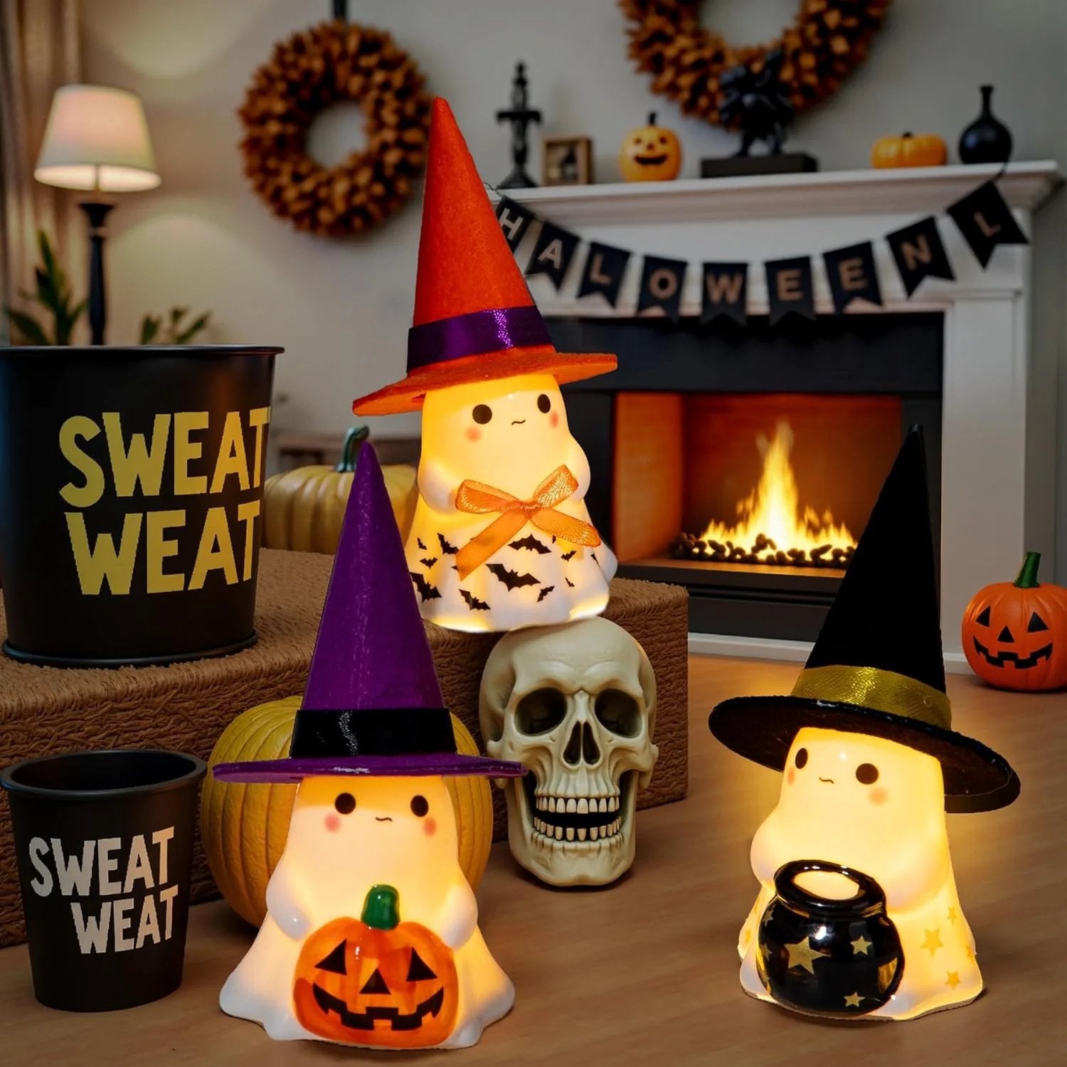 👻3Pcs Light-up Ceramic Ghost Halloween Decor🌟 Cute Ghost Figurines with Colorful Witch Hats