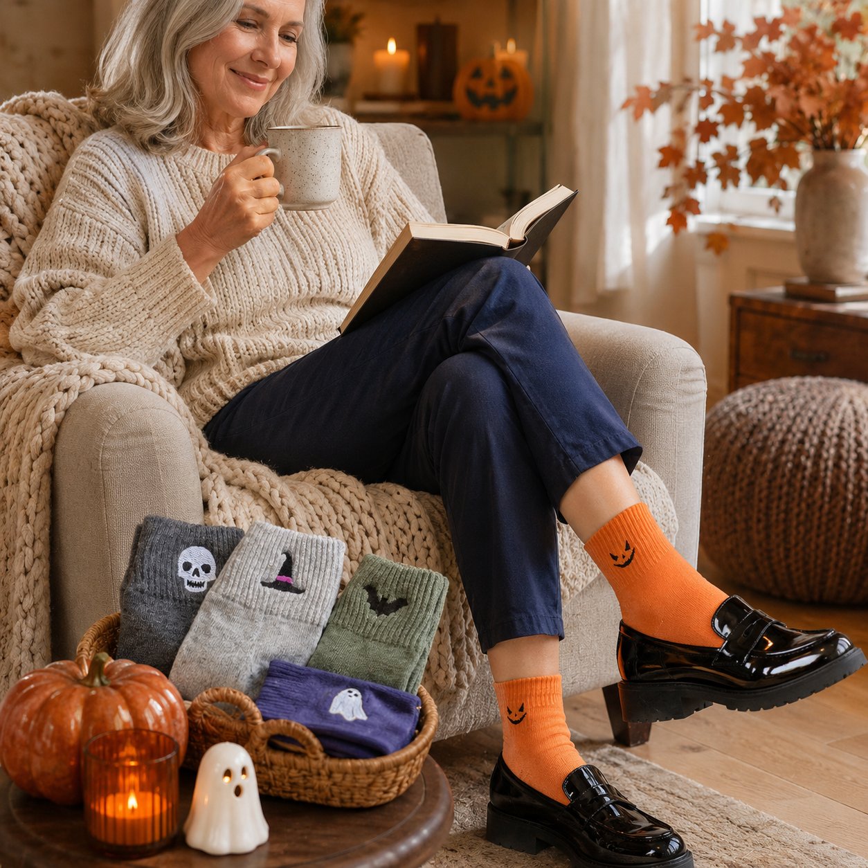 Woman wearing orange Halloween socks and holding the other four designs