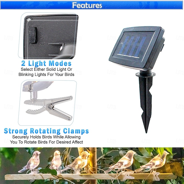 Outdoor Solar 5-Lights Bird String Lights with Clips, IP44 Waterproof Wall & Fence Decor, Garden, Patio, Backyard, Villa, and Landscape Lighting