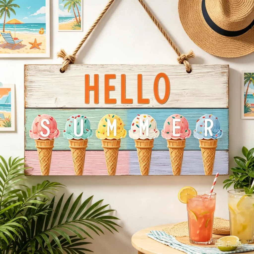 🍧 Hello Summer! 🌞 Ice Cream & Beach Hanging Sign 🏖️