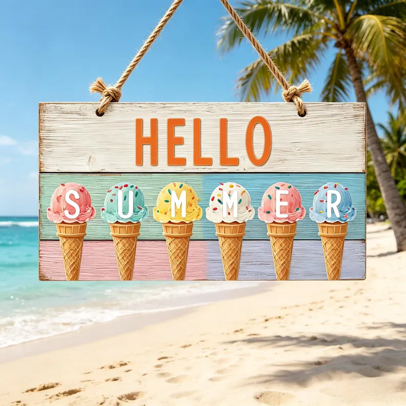🍧 Hello Summer! 🌞 Ice Cream & Beach Hanging Sign 🏖️
