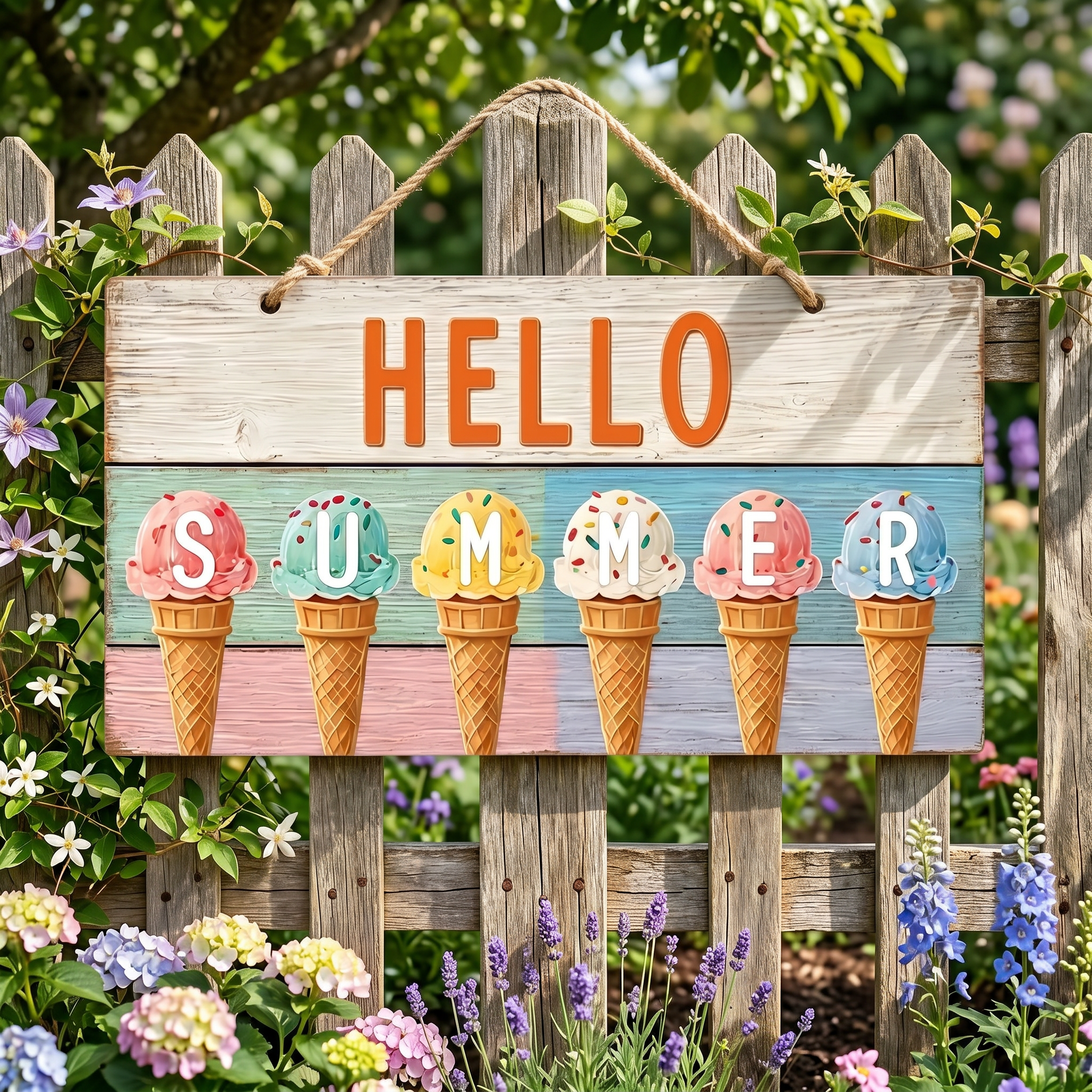 🍧 Hello Summer! 🌞 Ice Cream & Beach Hanging Sign 🏖️