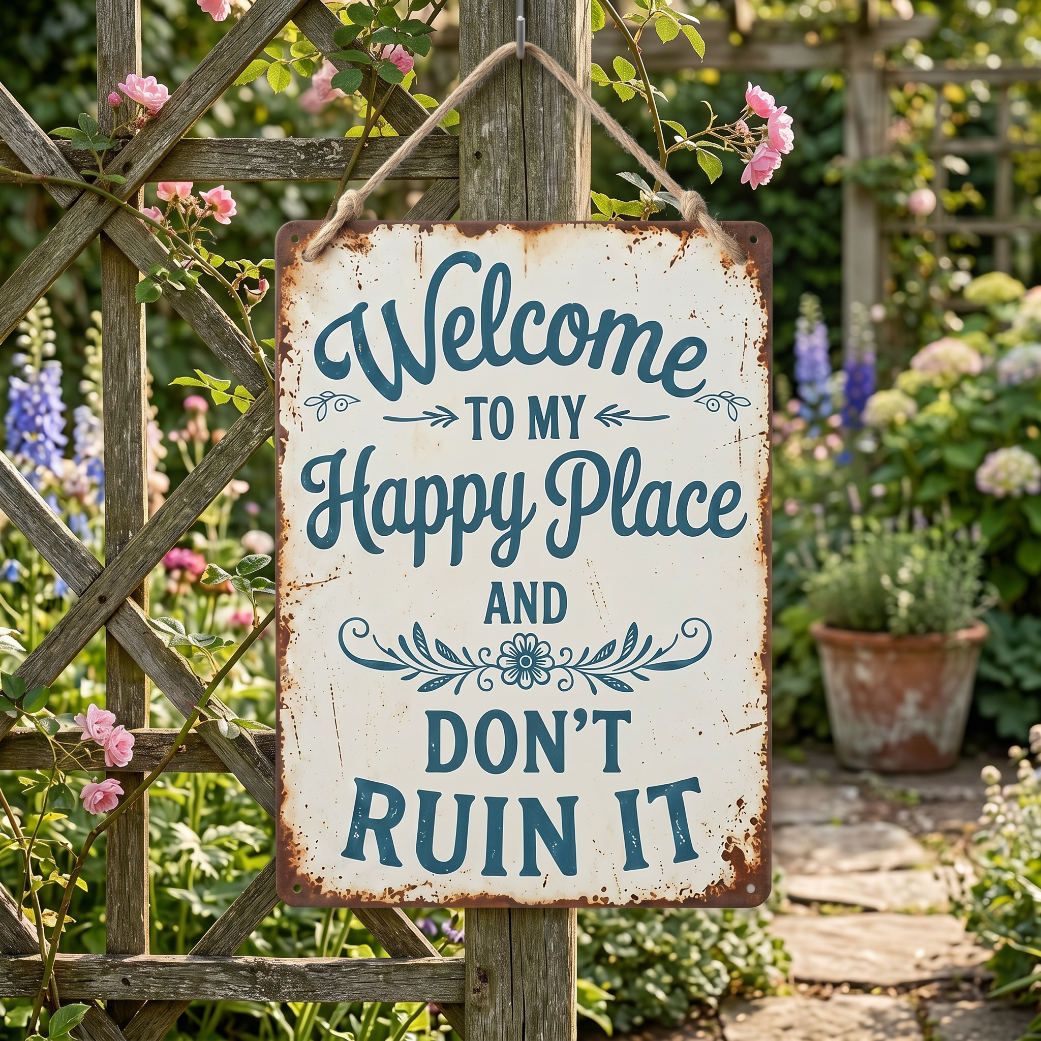 Welcome to My Happy Place Metal Sign - Rustic Home Décor - Funny Welcome Sign 