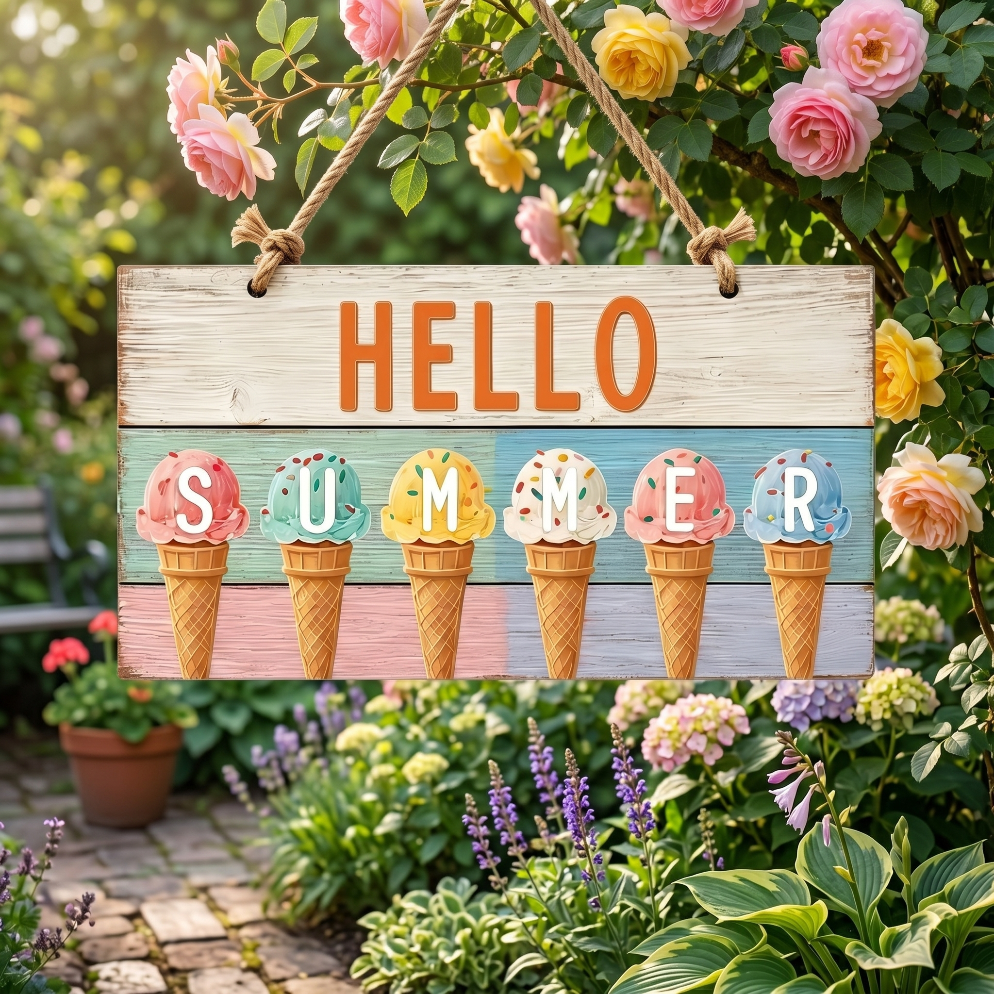 🍧 Hello Summer! 🌞 Ice Cream & Beach Hanging Sign 🏖️