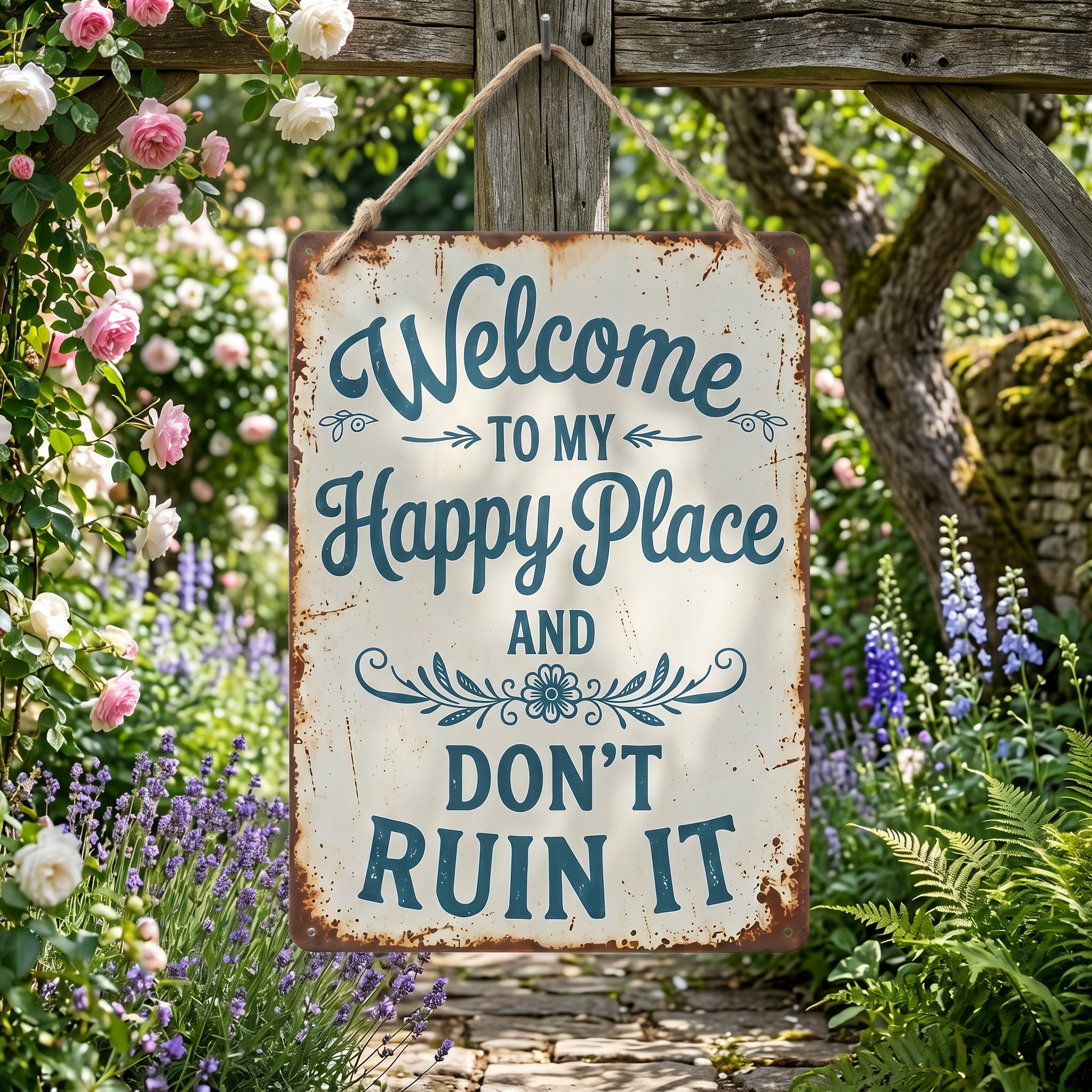 Welcome to My Happy Place Metal Sign - Rustic Home Décor - Funny Welcome Sign 