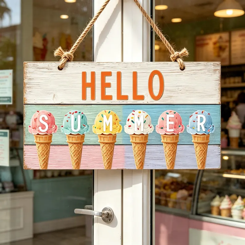 🍧 Hello Summer! 🌞 Ice Cream & Beach Hanging Sign 🏖️